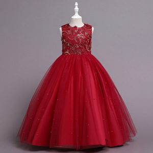 Childrens Flower Girl Dress Ball Gown Tulle Beaded Sweetheart Neckline Burgundy Red For Wedding Party Princess Dress - Product Image 1
