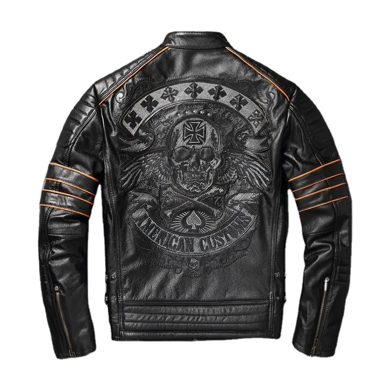 New Skull Embroidery Men's First Layer genuine Cowhide Leather Jacket Motorcycle Slim Oversize Coat