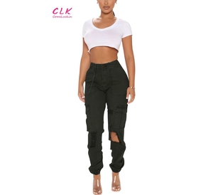Pantalones vaqueros rasgados ahuecados para mujer, pantalones vaqueros informales con Bolsillo grande, pantalones vaqueros Cargo de camuflaje elásticos de cintura alta 2023 para mujer - Product Image 4