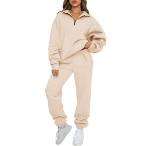 现货 女式纯色半拉链运动衫套装 宽松版型慢跑裤 秋冬套装 - Product Image 6