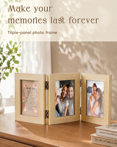 Cadre photo triple panneau en bois naturel pliable, design rectangulaire minimaliste, pour affichage sur table - Product Image 1