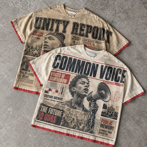 T-shirt da uomo vintage con stampa giornale, effetto distressed, con bordo a contrasto, streetwear, personalizzabile con logo, all'ingrosso, 240 grammi, lavorato a maglia, oversize - Product Image 1