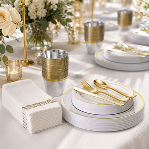 Ensemble de vaisselle jetable classique avec bordure dorée en feuille d'or, assiettes en papier, gobelets, serviettes, couverts - Product Image 4