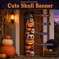 Bannière décorative d'Halloween Jack-o'-lantern en polyester 100D, imprimé mignon de crâne et de citrouille, drapeau vertical à suspendre à la porte, 180x30cm