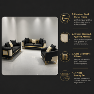 Juego de Sofás Modernos de Lujo, Sofá de Cuero Negro con Patas Angulares de Metal Dorado y Cojines con Acentos Geométricos - Product Image 2
