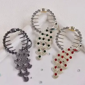 Antiek 3 Kleur Kristal Strass Kwastje Haarklauw Clip Paardenstaart Houders Hoofddeksels Pauw Haar Clip Voor Vrouwen Hoofd Haarspeld