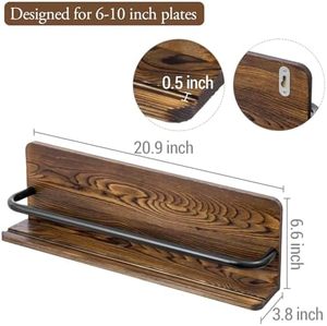 Ensemble de 3 supports de présentation muraux à double plaque en bois massif brûlé rustique cintres décoratifs en métal noir pour support de rangement de 6 à 10 pouces - Product Image 4