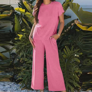 Conjunto Casual de Dos Piezas para Mujer, Top de Manga Corta con Textura Acanalada y Pantalones Anchos, Color Albaricoque, Rosa, Azul Claro, Gris, Tallas S, M, L - Product Image 4