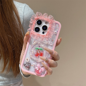 เคสโทรศัพท์มือถือลายลูกไม้กลิตเตอร์ประดับโบว์เชอร์รี่สำหรับ iPhone 17 16 15 14 Pro Max พร้อมดอกไม้ประดับกล้อง ลูกปัดเรซิ่น DIY ชาร์มตกแต่งฝาหลัง - Product Image 5