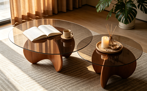 New Arrival <b>Nesting</b> Round Smoked Glass Coffee <b>Table</b> Cloud Cutout Solid Wood Base Mid Century Living Room Tea <b>Table</b> - Product Image 3