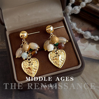 Boucles d'oreilles pendantes rétro en forme de cœur, plaquées or, avec pierres naturelles mélangées, style vintage Renaissance, pour femmes, cadeau de mariage