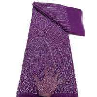 NI.AI Tissu de mariée perlé de luxe Dentelle violette lourde perlée brodée avec paillettes pour robe de soirée de mariage nuptiale