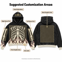 Sweat à capuche noir délavé vintage personnalisé avec motif crâne et torse en flammes, style streetwear pour marques de mode à marque privée