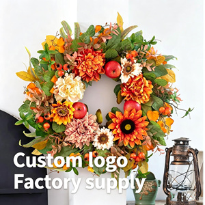 Couronne <span class=keywords><strong>de</strong></span> fleurs artificielles d'automne 2026 pour Halloween, avec tournesols, dahlias et pommes, pour décoration <span class=keywords><strong>de</strong></span> porte - Product Image 1