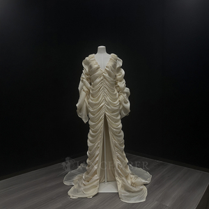 Nt150 Elegant Champagne <b>Wedding</b> Gown Draped <b>Pleated</b> Slim Fit Satin Bridal <b>Dress</b> Ruffle Sleeve Front Slit Court Train Jancember - Product Image 2