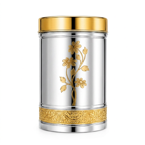 Modern Luxury Metal Spice Container Round Airtight <b>Food</b> Storage <b>Jar</b> with Gold Floral Design Polished Finish - Product Image 1