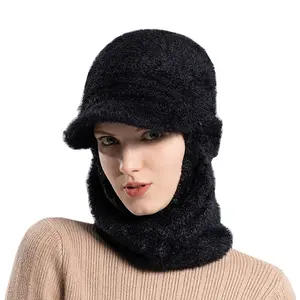 Wholesale Ladies Winter Fluffy Balaclava with Brim Warm Knitted Integrated Face Mask Stylish and Practical Design
