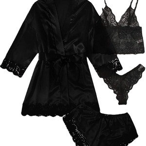 Chemise de nuit/robe en soie à manches courtes, pyjama sexy printemps-automne, ensemble de camisoles fines en soie glacée et dentelle pour femme, idéal pour l'été, à porter - Product Image 4