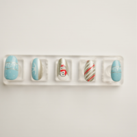 Uñas Postizas de Navidad de Invierno, Diseño de Copo de Nieve Azul y Rayas Plateadas, Uñas Postizas Tipo Ataúd, Decoración de Uñas Navideñas