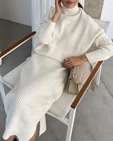 Ensemble deux pièces en tricot côtelé pour femmes automne-hiver 2026, cardigan en coton, pull à col roulé et robe pour femmes