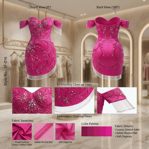 Vestido de Cóctel Moderno Color Fucsia Real, Satinado, con Hombros Descubiertos, Flecos de Cristal y Borlas, Elegante para Fiestas y Eventos Especiales - Product Image 3