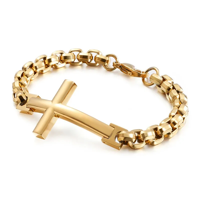 2023 wholesale vintage classic fashion jewelry gold black stainless steel customized cross men punk charm cuff bracelet