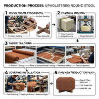 Pouf rond de style nordique en bois brûlé orange, repose-pieds contemporain avec base en bois cruciforme pour la décoration d'appartement