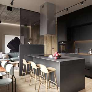 Gabinetes de Cocina Comerciales Minimalistas Grises Personalizados, Combinación de Gabinetes Integrados Estilo Shaker, Puertas de Cuarzo y Melamina. - Product Image 1