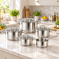 Ensemble de casseroles et poêles classiques en acier inoxydable 16, 20, 24 cm avec couvercle en verre, compatible induction, vente en gros pour la restauration, logo personnalisé