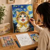 Kit de peinture par numéros Chat mignon style Nuit étoilée encadré Peinture acrylique DIY pour adultes débutants Art mural 40x50cm