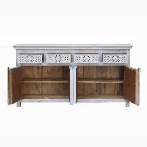 ตู้ไซด์บอร์ดไม้แกะสลักด้วยมือ – ตู้บุฟเฟ่ต์ 4 บาน 4 ลิ้นชัก สีขาววอช – ตู้เก็บของสไตล์ชาบี้ชิค ลายฉลุแบบจาลี - Product Image 5