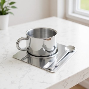 Novedoso <span class=keywords><strong>Juego</strong></span> <span class=keywords><strong>de</strong></span> Tazas <span class=keywords><strong>de</strong></span> Café <span class=keywords><strong>de</strong></span> Acero Inoxidable 304 con Cuchara Mezcladora y Plato, Taza Metálica Reutilizable para Leche y Té - Product Image 1