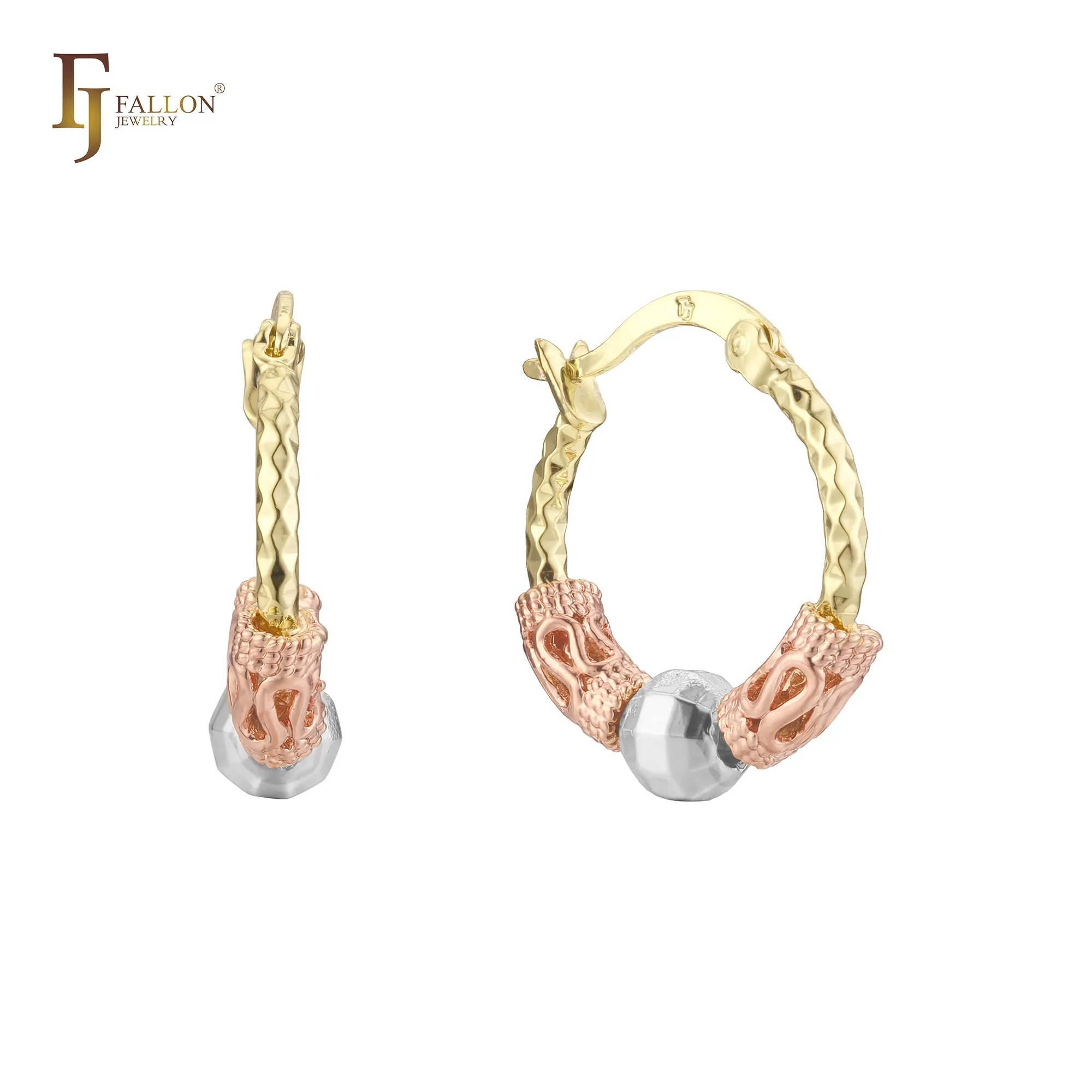 Z52100249 FJ Fallon bijoux de mode perles texturées boucles d'oreilles créoles deux tons plaqué en or 14K à base de laiton deux tons