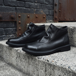 2026 Fashion Men Soft Genuine Leather Ankle <b>Boots</b> Wrinkle Upper Side Zipper Short <b>Boots</b> Round Toe Low Thick Sole Casual Shoes - Product Image 1