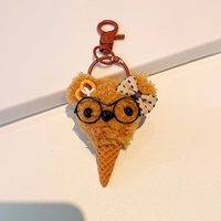 En gros, Porte-clés ours en peluche mignon et moelleux, Breloque de sac en peluche Kawaii avec lunettes et nœud décoratif, Pendentif mini cône de gaufre