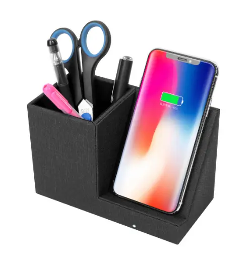 15W Fast Wireless Charger with Desk Organizer Qi Certified Fabric Induction Charger Stand Pen Pencil Holder Compatible