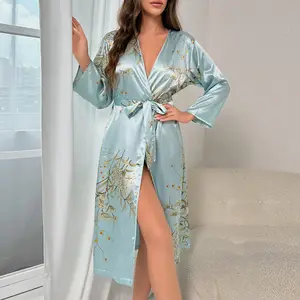 Vestido longo de cetim de seda gelada para mulheres, roupão de verão com sistema, roupão de banho, moda fina para casa, sexy