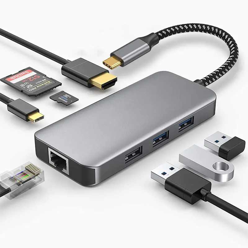 Stasiun Dok Multiport Hub Tipe C 8 Dalam 1 1000Mbps dengan 4K HD USB 3.0 SD 3.0 TF 3.0 Adaptor Pengisi Daya 8 Port Hub USB