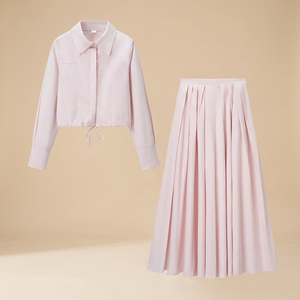 Ensemble décontracté 2 pièces pour femme : chemise à col rabattu à manches longues + jupe midi plissée, automne, polyester respirant et écologique - Product Image 4