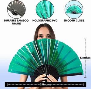 <b>Large</b> 33Cm Pvc Cool Holographic Iridescent Reflective Folding Bamboo Hand <b>Fans</b> Painted With Rave Technique - Product Image 2
