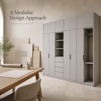 Armoire modulaire gris clair GoldenHome |   Portes à cadre étroit |   Poignées noires |   Étagères ouvertes à LED |   Meubles suspendus et tiroirs