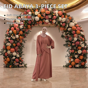 Ensemble Abaya Modeste 3 Pièces pour Femme, Robe Islamique Longue en Crêpe, Manches Longues, Col Rond, Couleur Unie, Tenue de Prière pour l'Aïd - Product Image 2