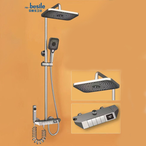 Ensemble de douche mural pour salle de bain en laiton et acier inoxydable, économiseur d'eau, avec pommeau de douche pluie et système de douche avec contrôle de la température - Product Image 1