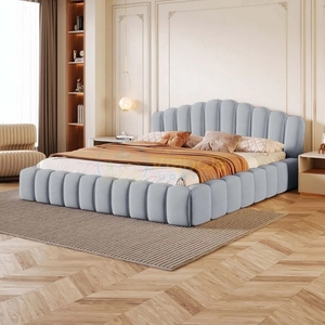 Luxurious Upholstered Platform Bed with Vertical Channel <b>Headboard</b> and <b>Cushioned</b> Border Modern Designer Bedroom Furniture Bed - Product Image 1