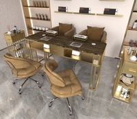 Ensemble de chaises de table de manucure en marbre brun de haute qualité table de luxe moderne double trois places pour les ongles à vendre