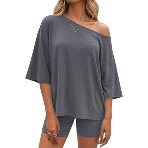 Fisoew Womens 2 Piece Lounge <b>Set</b> Summer Oversized T Shirt Biker Shorts Casual Matching Outfit Breathable <b>Knitted</b> Asymmetrical - Product Image 1