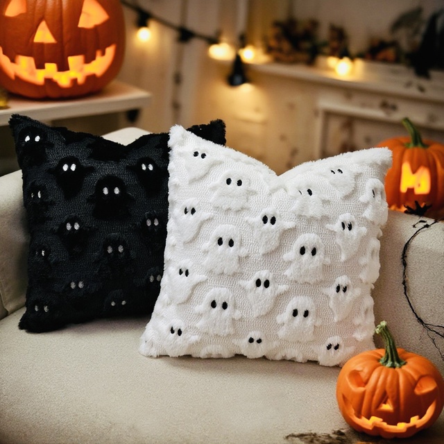 Halloween Ghost Embroidery Black-and-White Square Modern Minimalist PV Velvet Cushion Cover Pillowcase No Filling Decor