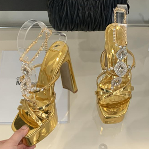 Sandales à plateforme pour femmes avec grands strass, bout carré ouvert, talons épais, chaussures d'été brillantes avec lanières à diamants à la cheville - Product Image 6