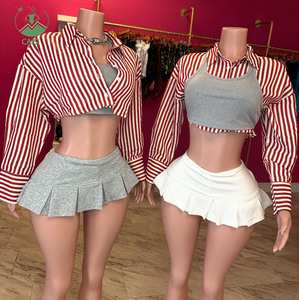Set gonna autunno 2 pezzi da donna abiti Sexy camicie <span class=keywords><strong>a</strong></span> <span class=keywords><strong>righe</strong></span> rosse con gilet <span class=keywords><strong>a</strong></span> maglia minigonna Casual 3 pezzi Set gonna per donna - Product Image 1