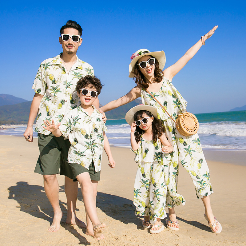 Zomer Strandvakantie Familie Look Jumpsuit Voor Moeder En Ik Vader En Zoon Shirt Broek Set Moeder Dochter Bijpassende Outfits